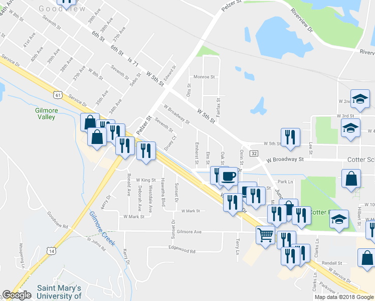 map of restaurants, bars, coffee shops, grocery stores, and more near 1700 Seventh Street in Winona