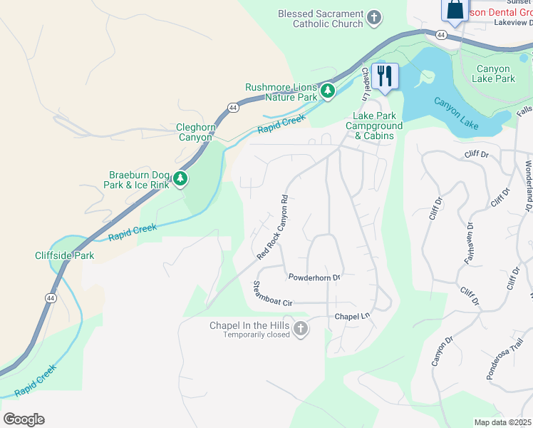 map of restaurants, bars, coffee shops, grocery stores, and more near 3302 Idlewild Court in Rapid City