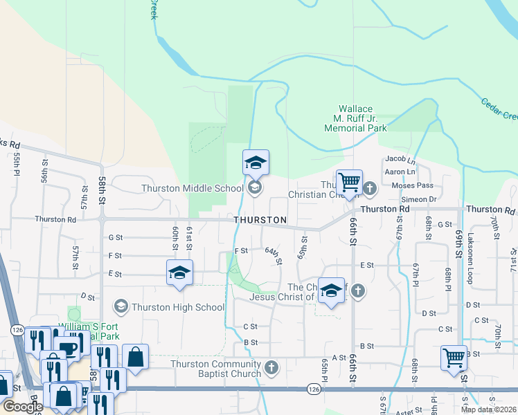 map of restaurants, bars, coffee shops, grocery stores, and more near 6300 Thurston Road in Springfield