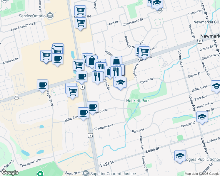 map of restaurants, bars, coffee shops, grocery stores, and more near 53 Wilstead Drive in Newmarket