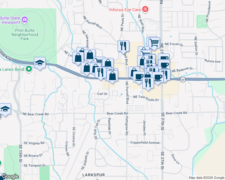 map of restaurants, bars, coffee shops, grocery stores, and more near 62062 Dean Swift Road in Bend