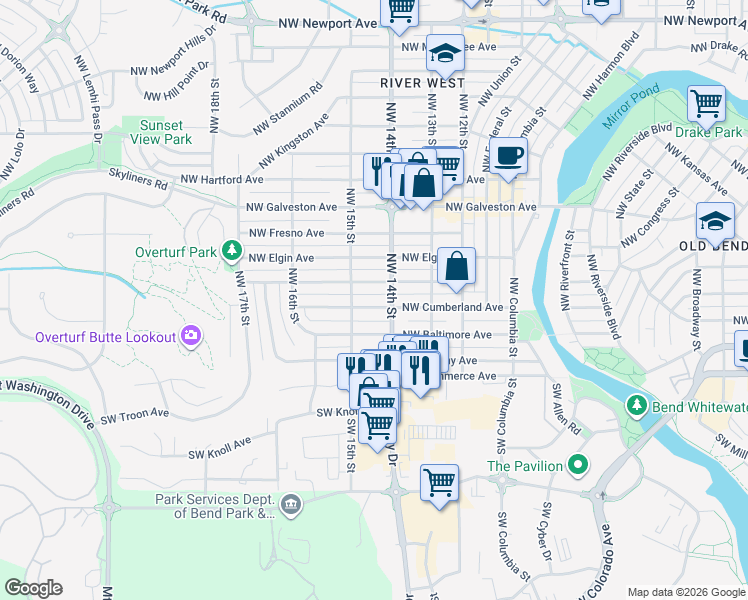 map of restaurants, bars, coffee shops, grocery stores, and more near in Bend
