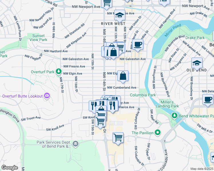 map of restaurants, bars, coffee shops, grocery stores, and more near 1360 Northwest Cumberland Avenue in Bend