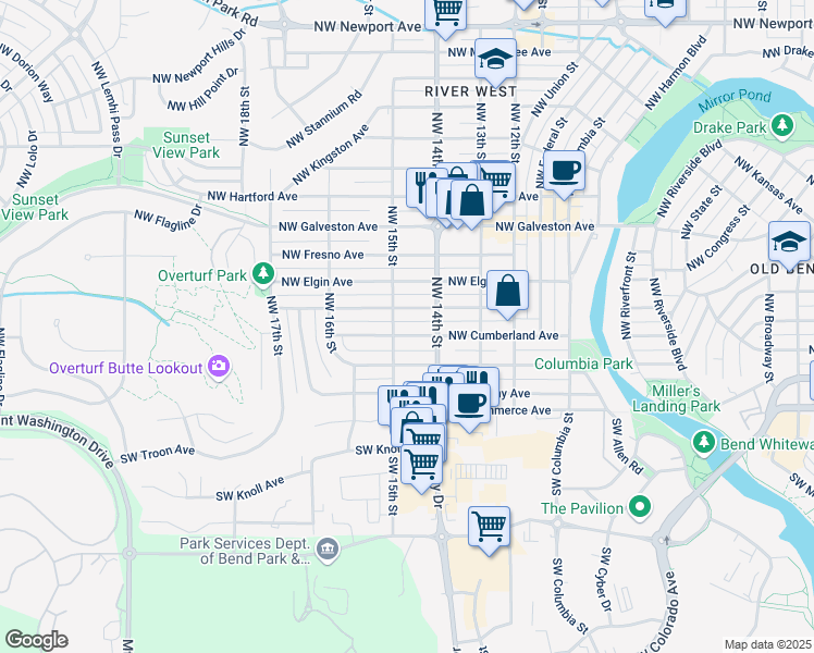 map of restaurants, bars, coffee shops, grocery stores, and more near 1459 Northwest Cumberland Avenue in Bend