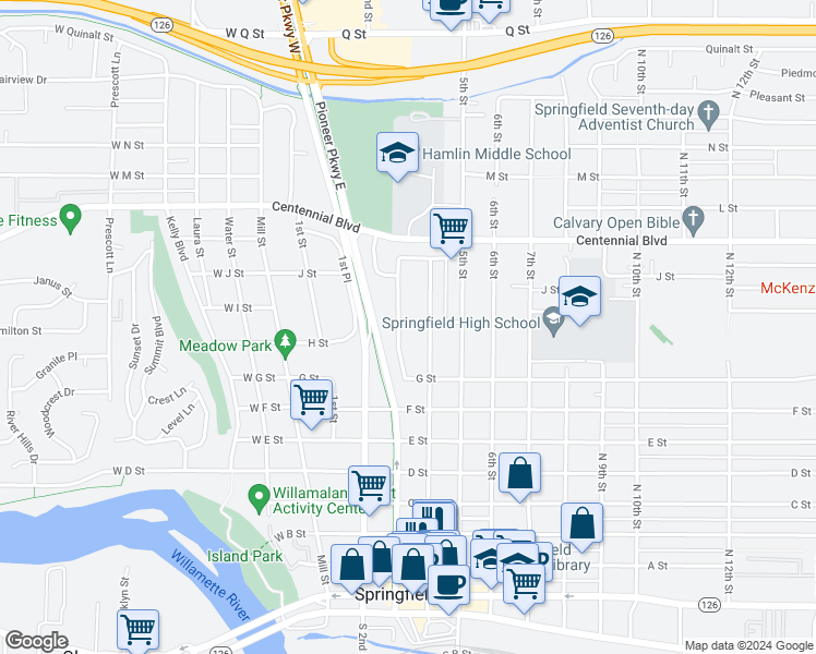 map of restaurants, bars, coffee shops, grocery stores, and more near 315 Depue Street in Springfield