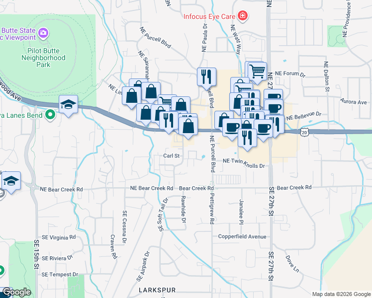 map of restaurants, bars, coffee shops, grocery stores, and more near 62062 Dean Swift Road in Bend