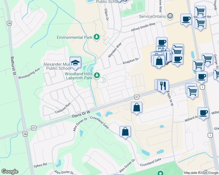 map of restaurants, bars, coffee shops, grocery stores, and more near 53 Vantage Loop in Newmarket