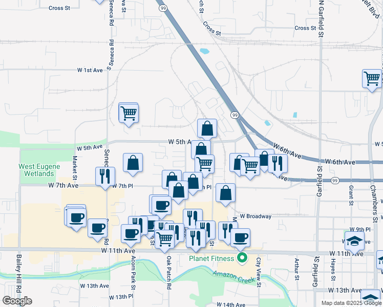 map of restaurants, bars, coffee shops, grocery stores, and more near 535 Conger Street in Eugene