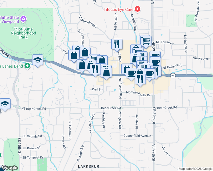 map of restaurants, bars, coffee shops, grocery stores, and more near 62062 Dean Swift Road in Bend