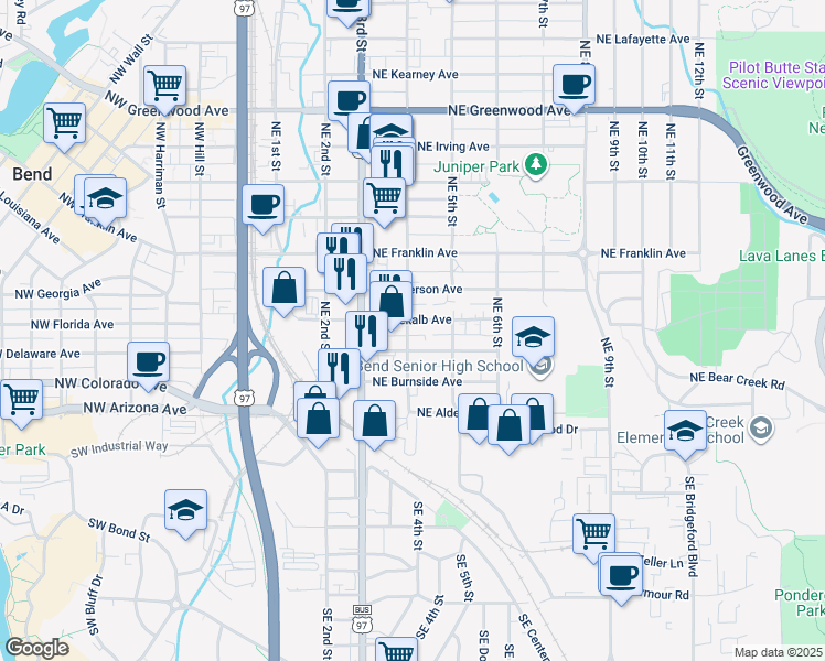 map of restaurants, bars, coffee shops, grocery stores, and more near 312 Northeast 4th Street in Bend