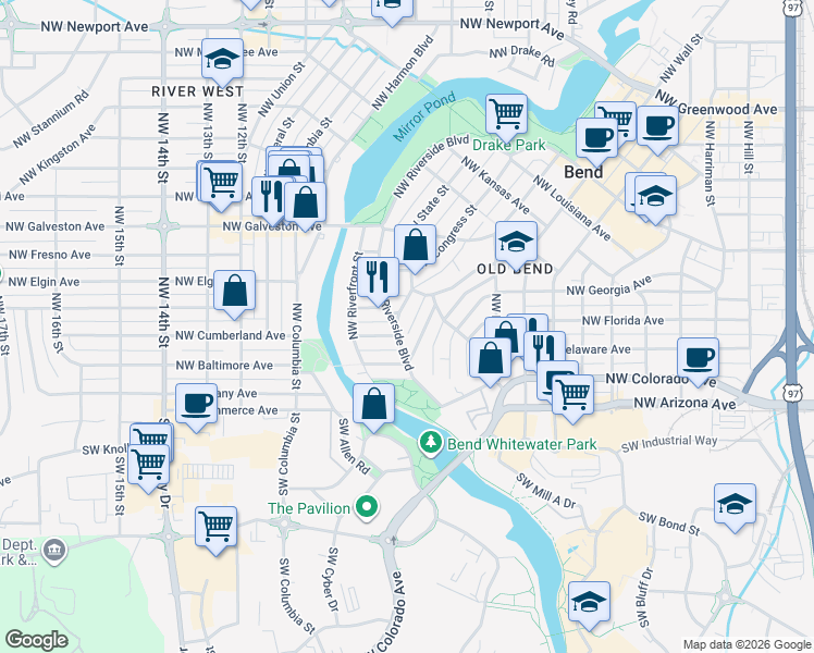 map of restaurants, bars, coffee shops, grocery stores, and more near 21 Northwest McKay Avenue in Bend