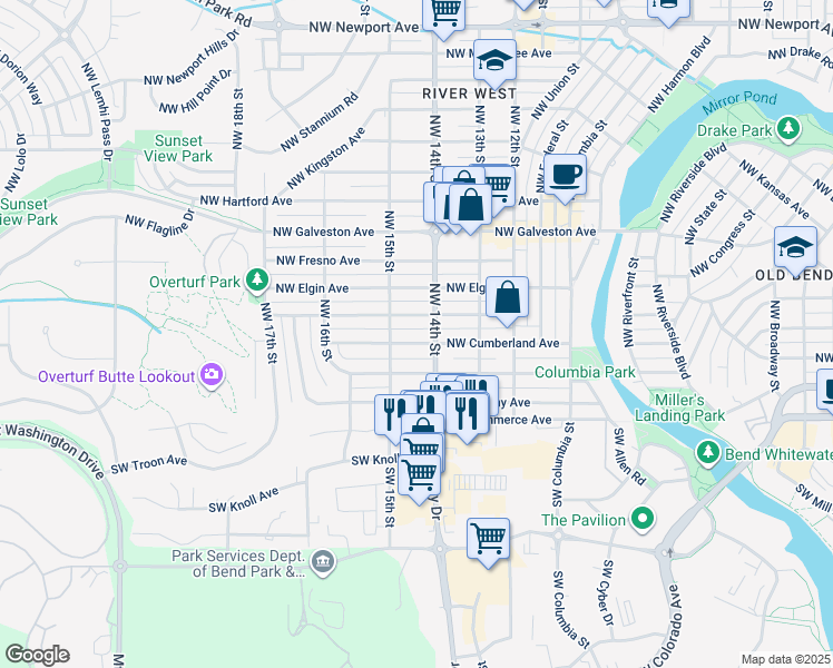 map of restaurants, bars, coffee shops, grocery stores, and more near in Bend