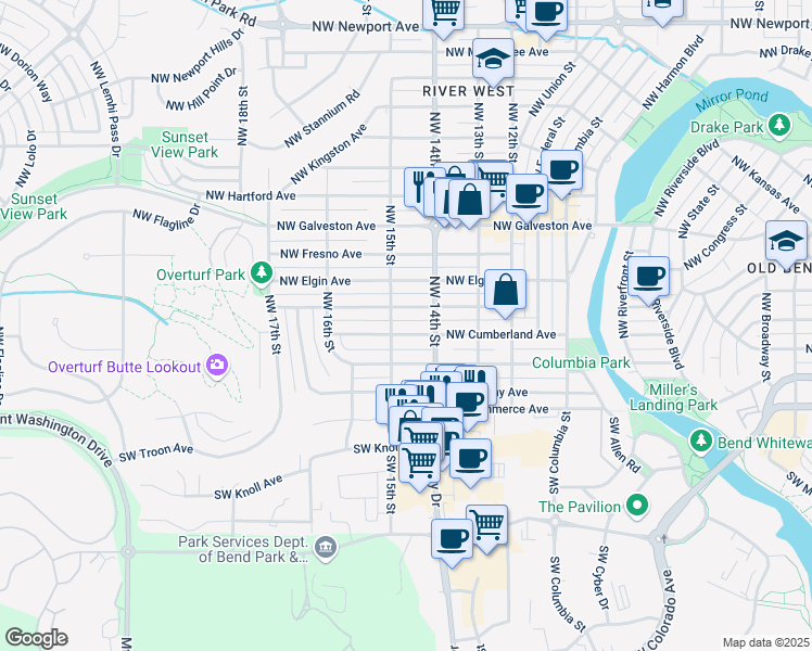 map of restaurants, bars, coffee shops, grocery stores, and more near 1459 Northwest Cumberland Avenue in Bend