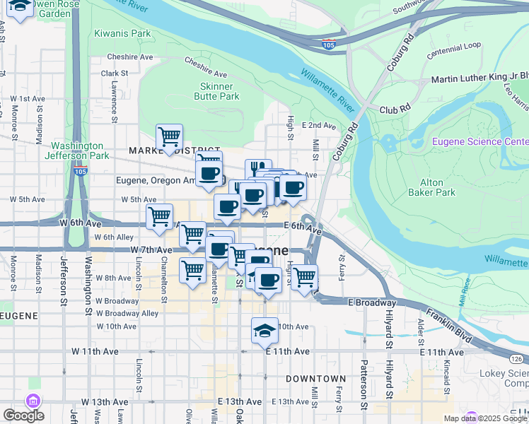 map of restaurants, bars, coffee shops, grocery stores, and more near 550 Pearl Street in Eugene