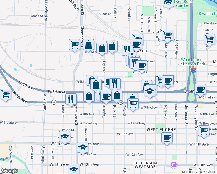 map of restaurants, bars, coffee shops, grocery stores, and more near 1369 West 6th Avenue in Eugene