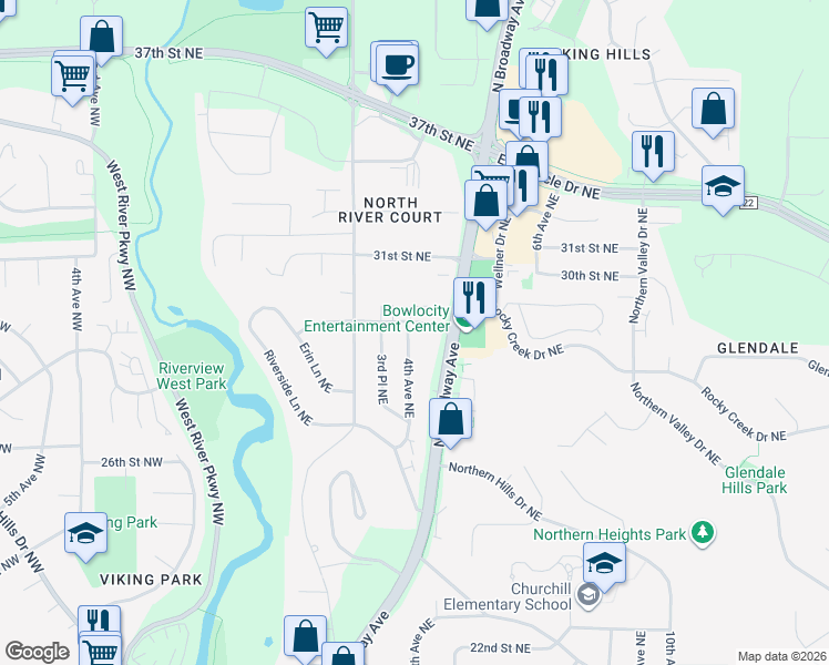 map of restaurants, bars, coffee shops, grocery stores, and more near 2667 4th Avenue Northeast in Rochester