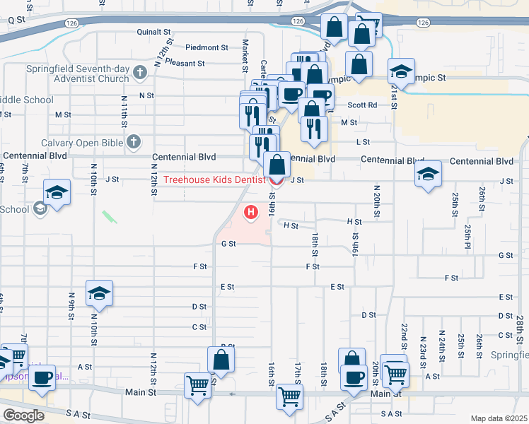 map of restaurants, bars, coffee shops, grocery stores, and more near 1600 H Street in Springfield