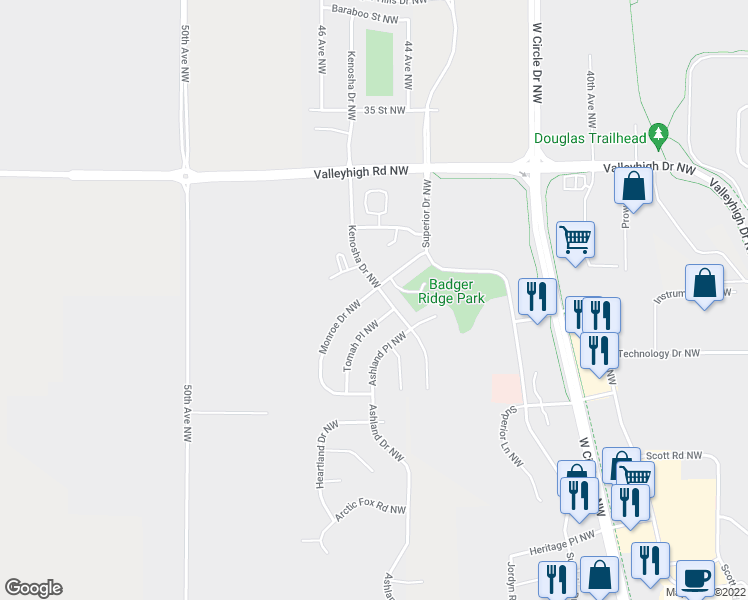 map of restaurants, bars, coffee shops, grocery stores, and more near 2982 Monroe Drive Northwest in Rochester