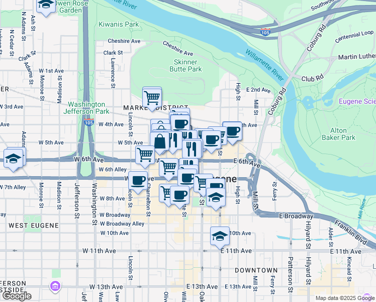 map of restaurants, bars, coffee shops, grocery stores, and more near 9 Oregon 99 in Eugene