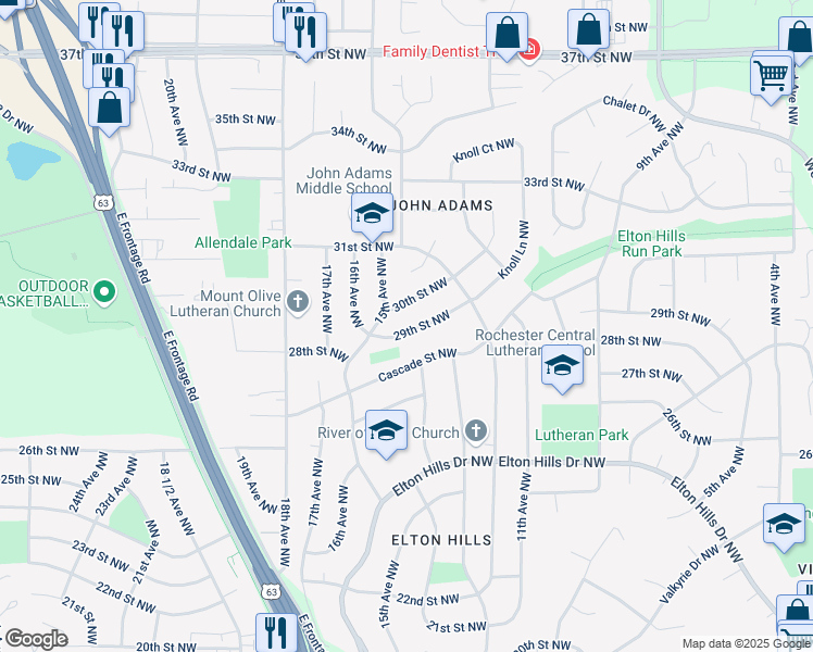 map of restaurants, bars, coffee shops, grocery stores, and more near 1403 29th Street Northwest in Rochester