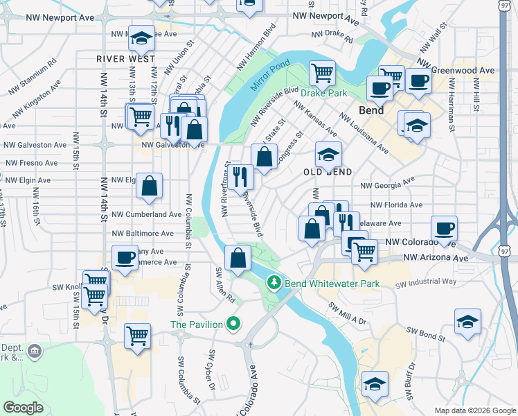 map of restaurants, bars, coffee shops, grocery stores, and more near 21 Northwest McKay Avenue in Bend