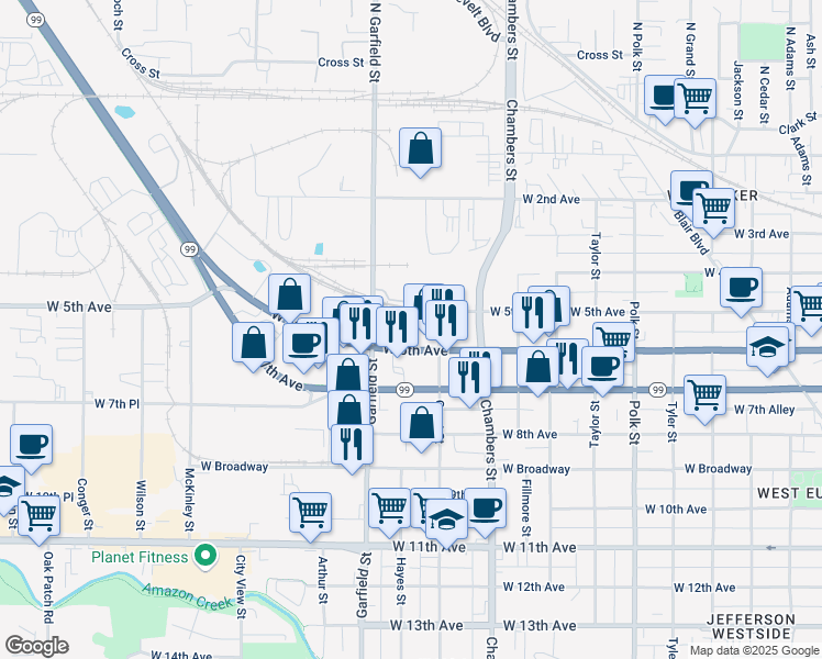 map of restaurants, bars, coffee shops, grocery stores, and more near 1875-1899 W 6th Ave in Eugene
