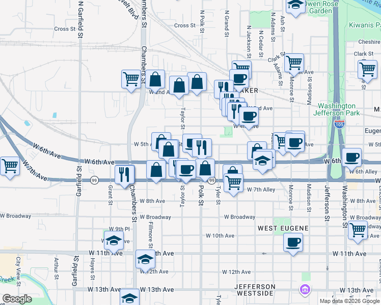 map of restaurants, bars, coffee shops, grocery stores, and more near 1369 West 6th Avenue in Eugene