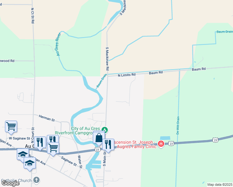 map of restaurants, bars, coffee shops, grocery stores, and more near 530 North Main Street in Au Gres