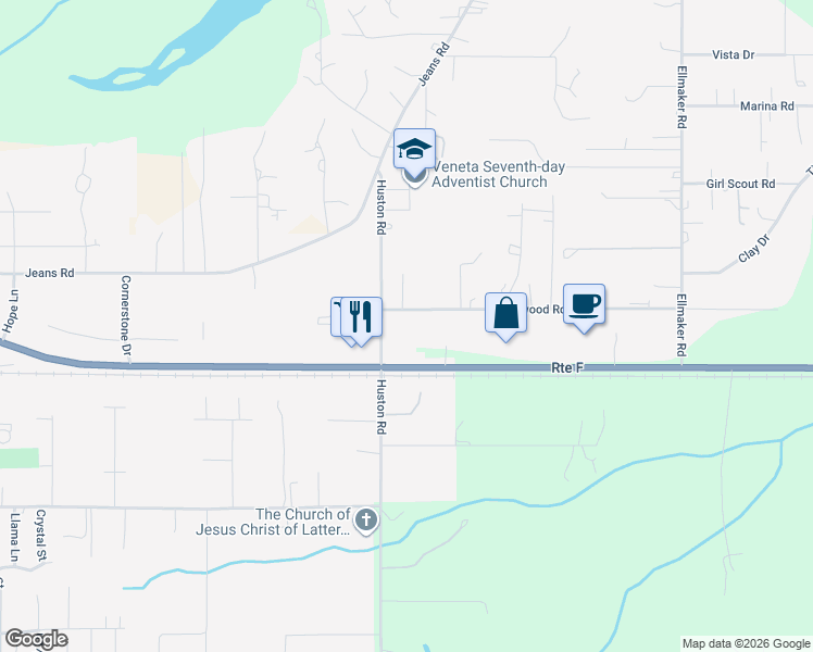 map of restaurants, bars, coffee shops, grocery stores, and more near 25694 Wildwood Road in Veneta