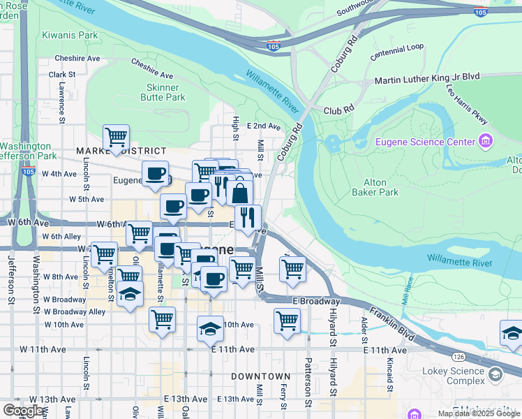 map of restaurants, bars, coffee shops, grocery stores, and more near 351 Oregon 99 in Eugene