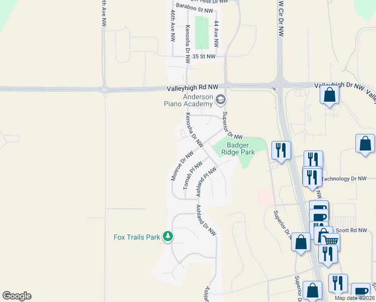 map of restaurants, bars, coffee shops, grocery stores, and more near 2903 Monroe Drive Northwest in Rochester