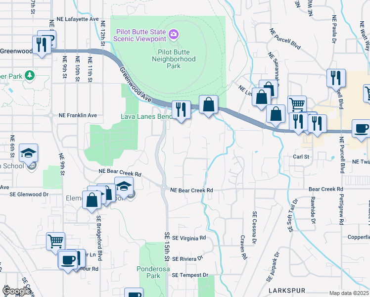 map of restaurants, bars, coffee shops, grocery stores, and more near 323 Northeast McCartney Drive in Bend