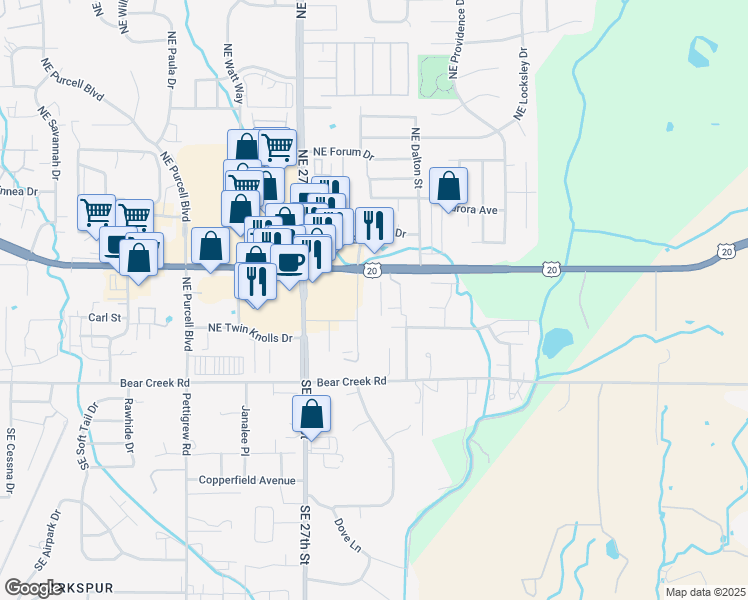 map of restaurants, bars, coffee shops, grocery stores, and more near 21255 U.S. 20 in Bend