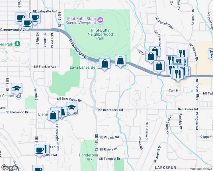 map of restaurants, bars, coffee shops, grocery stores, and more near 323 Northeast McCartney Drive in Bend