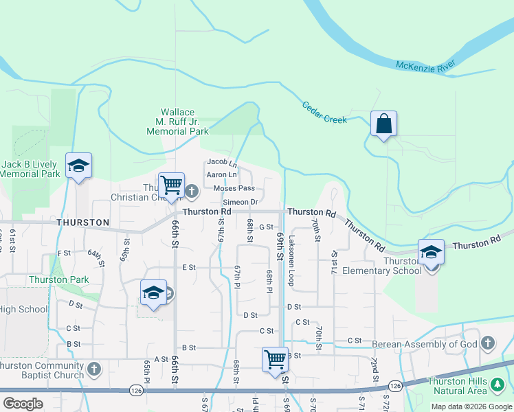 map of restaurants, bars, coffee shops, grocery stores, and more near 6837 Thurston Road in Springfield