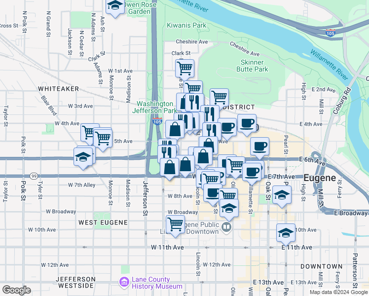 map of restaurants, bars, coffee shops, grocery stores, and more near 570 Lawrence Street in Eugene
