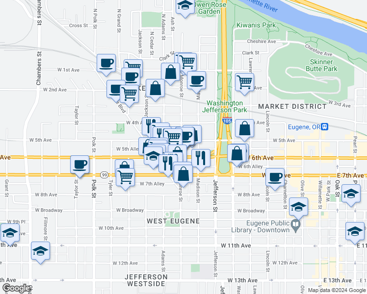 map of restaurants, bars, coffee shops, grocery stores, and more near 799 West 6th Avenue in Eugene