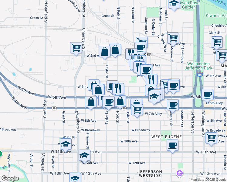 map of restaurants, bars, coffee shops, grocery stores, and more near 1295 West 6th Avenue in Eugene