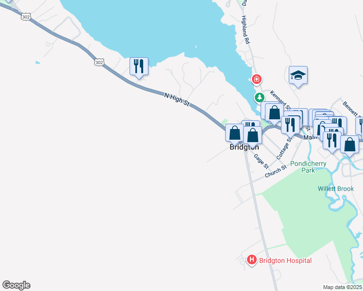 map of restaurants, bars, coffee shops, grocery stores, and more near 57 Pleasant Street in Bridgton