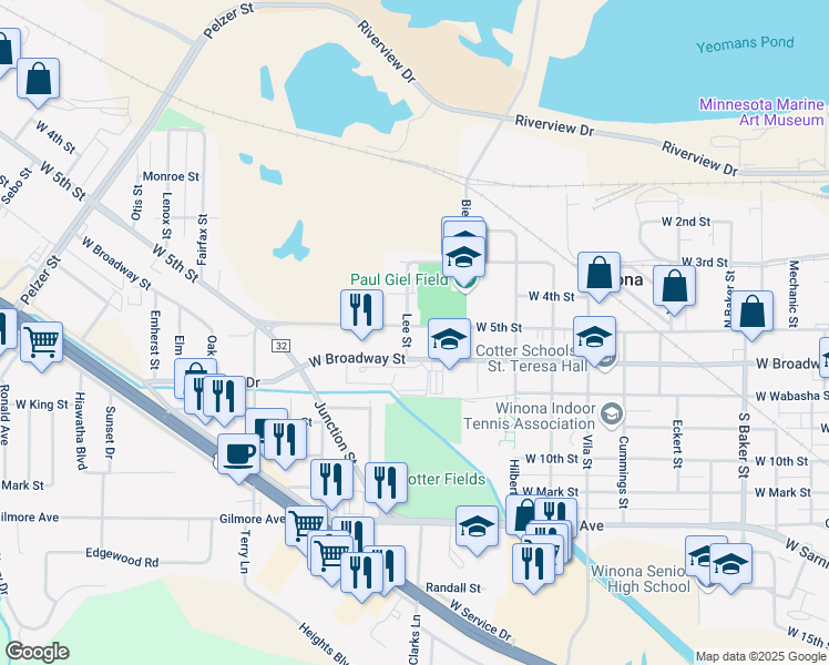 map of restaurants, bars, coffee shops, grocery stores, and more near 1340 West Broadway Street in Winona