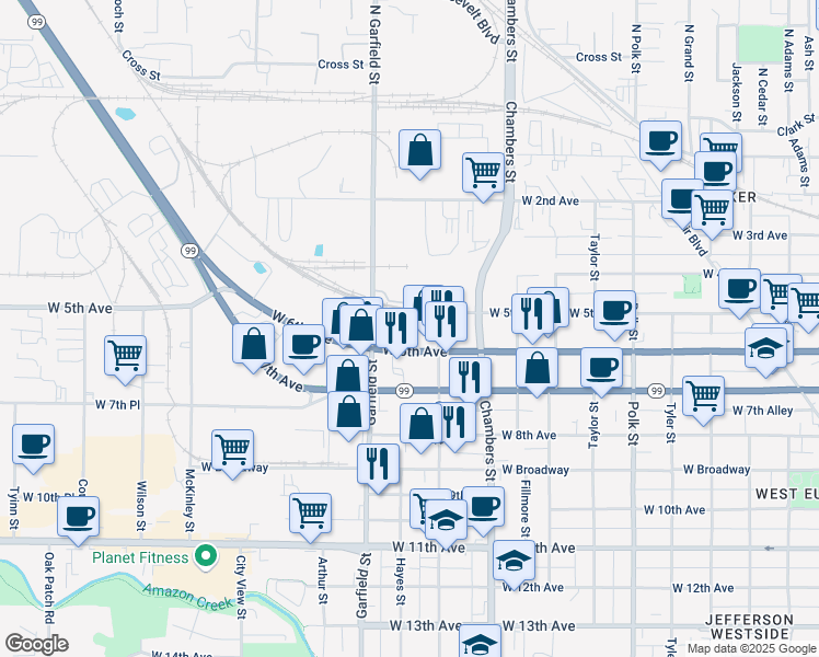 map of restaurants, bars, coffee shops, grocery stores, and more near 1875 West 6th Avenue in Eugene