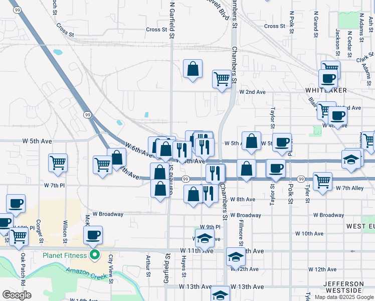map of restaurants, bars, coffee shops, grocery stores, and more near 1875-1899 W 6th Ave in Eugene