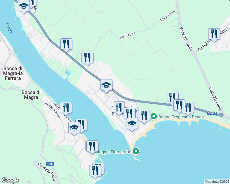 map of restaurants, bars, coffee shops, grocery stores, and more near 81A Via Litoranea in Fiumaretta di Ameglia