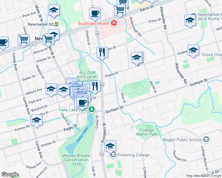 map of restaurants, bars, coffee shops, grocery stores, and more near 197 Charlotte Street South in Newmarket