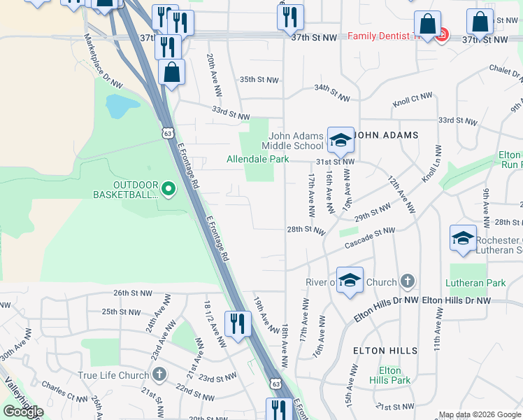map of restaurants, bars, coffee shops, grocery stores, and more near 2836 19th Avenue Northwest in Rochester