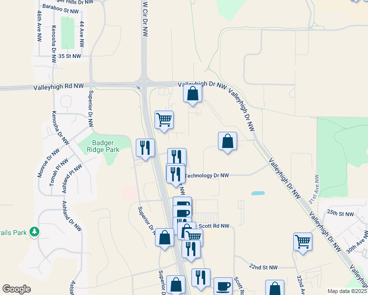 map of restaurants, bars, coffee shops, grocery stores, and more near 2770 Commerce Drive Northwest in Rochester