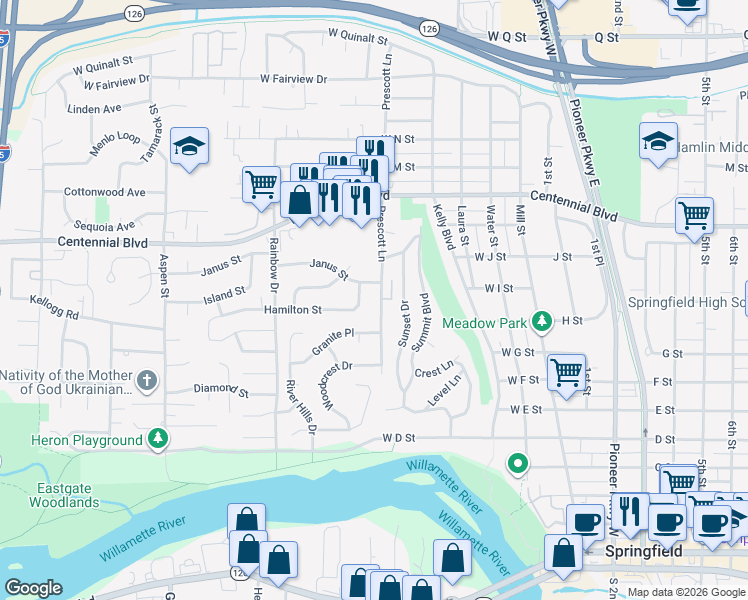 map of restaurants, bars, coffee shops, grocery stores, and more near 909 Prescott Lane in Springfield