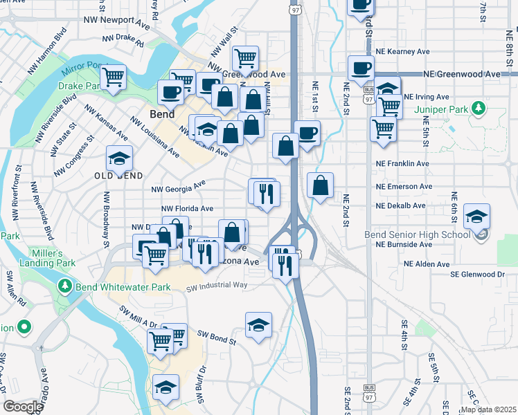 map of restaurants, bars, coffee shops, grocery stores, and more near 134 Northwest Delaware Avenue in Bend