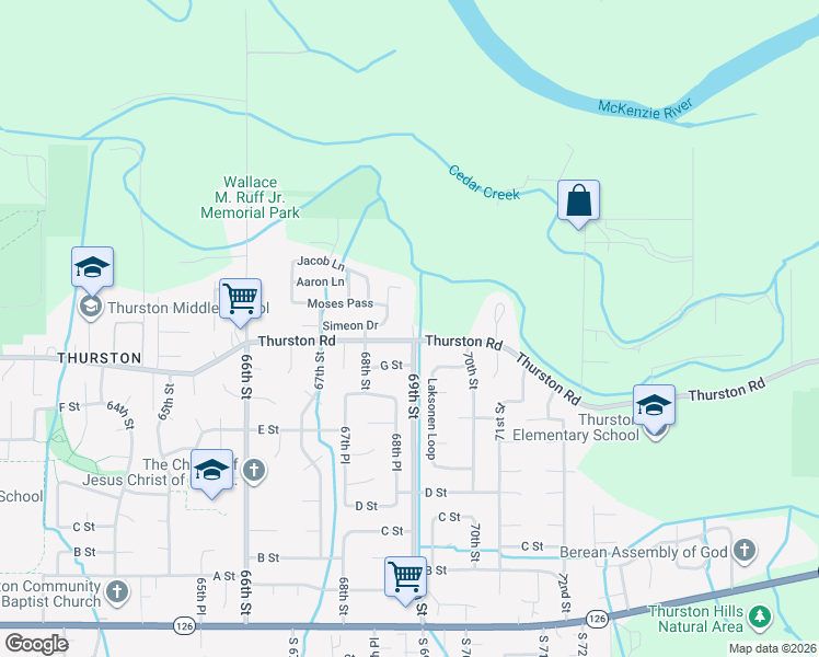 map of restaurants, bars, coffee shops, grocery stores, and more near 6905 Thurston Road in Springfield