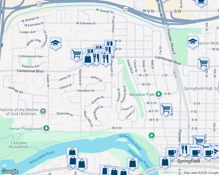 map of restaurants, bars, coffee shops, grocery stores, and more near 909 Prescott Lane in Springfield